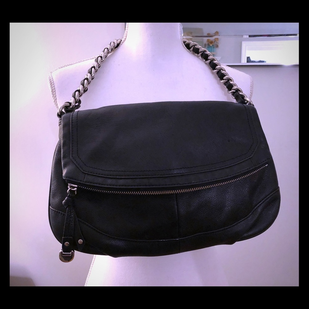 B.Makowsky black leather &metal chain shoulder bag
